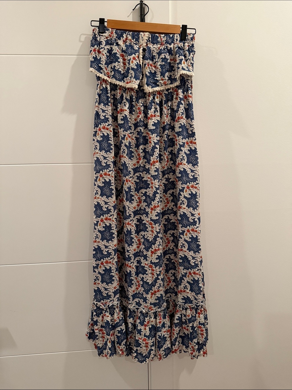 Boho Navy Floral Tiered Maxi Dress with Pom Trim